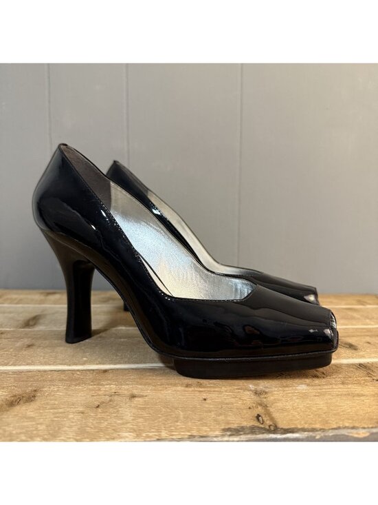 Via Spiga Shoes - Black Patent Leather Peep Toe High Heels With Platform Sole & Stiletto Heel Size